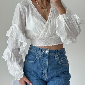 Z&L Cotton Ruffle Smocked Top One Size White Feminine Crop Flounce Love Fancy
